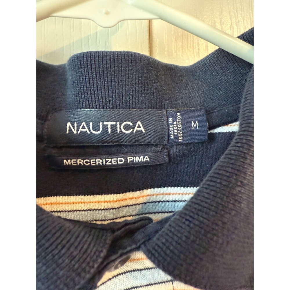 Nautica Men's Polo Shirt Medium Navy Blue Striped Short Sleeve Mercierized Pima - Picture 2 of 3
